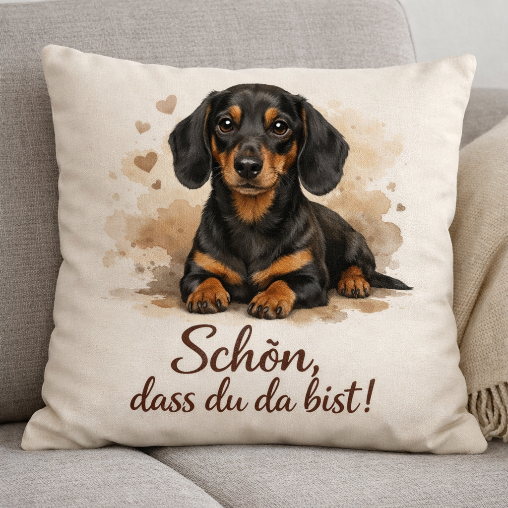 🐾 Dekokissen „Schön, dass du da bist“ – Dackel Motiv